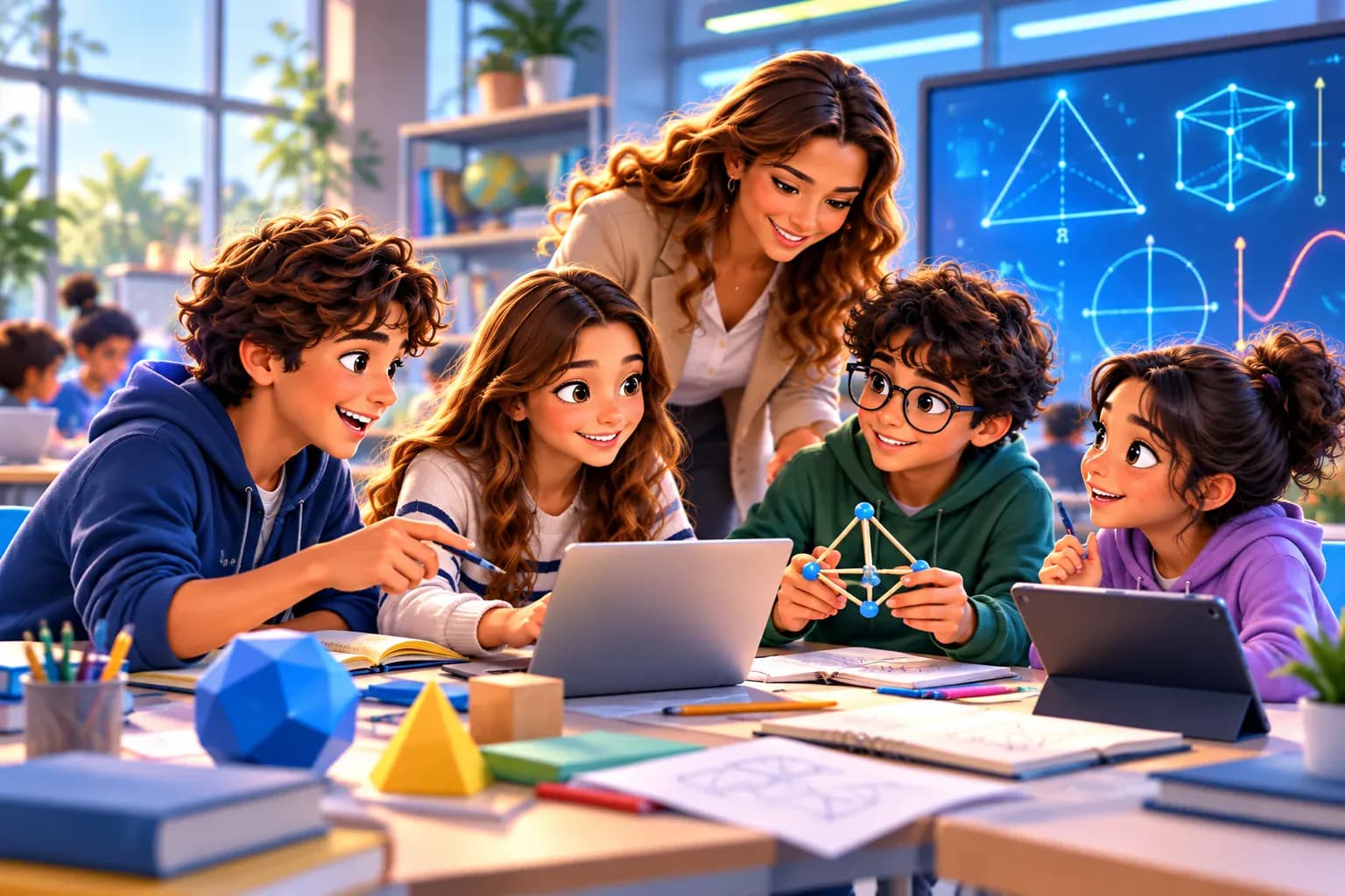 Un equipo de alumnos resuelve un reto con laptop, tableta y figuras geométricas mientras su docente los acompaña