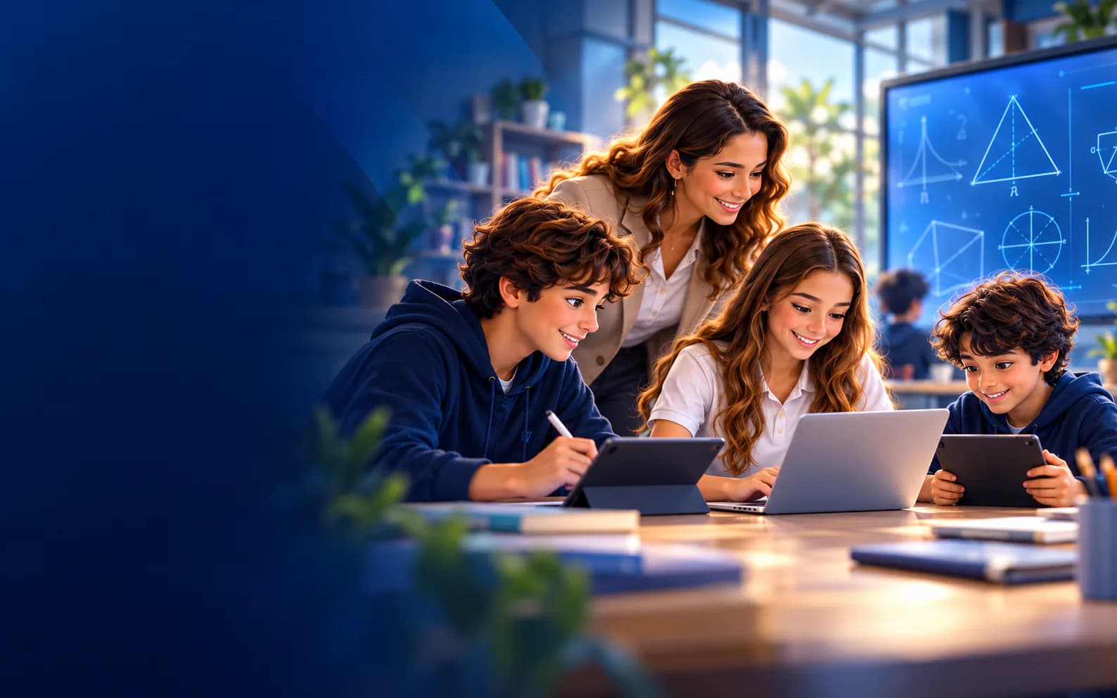 Una docente acompaña a tres alumnos que resuelven matemáticas con tableta y laptop