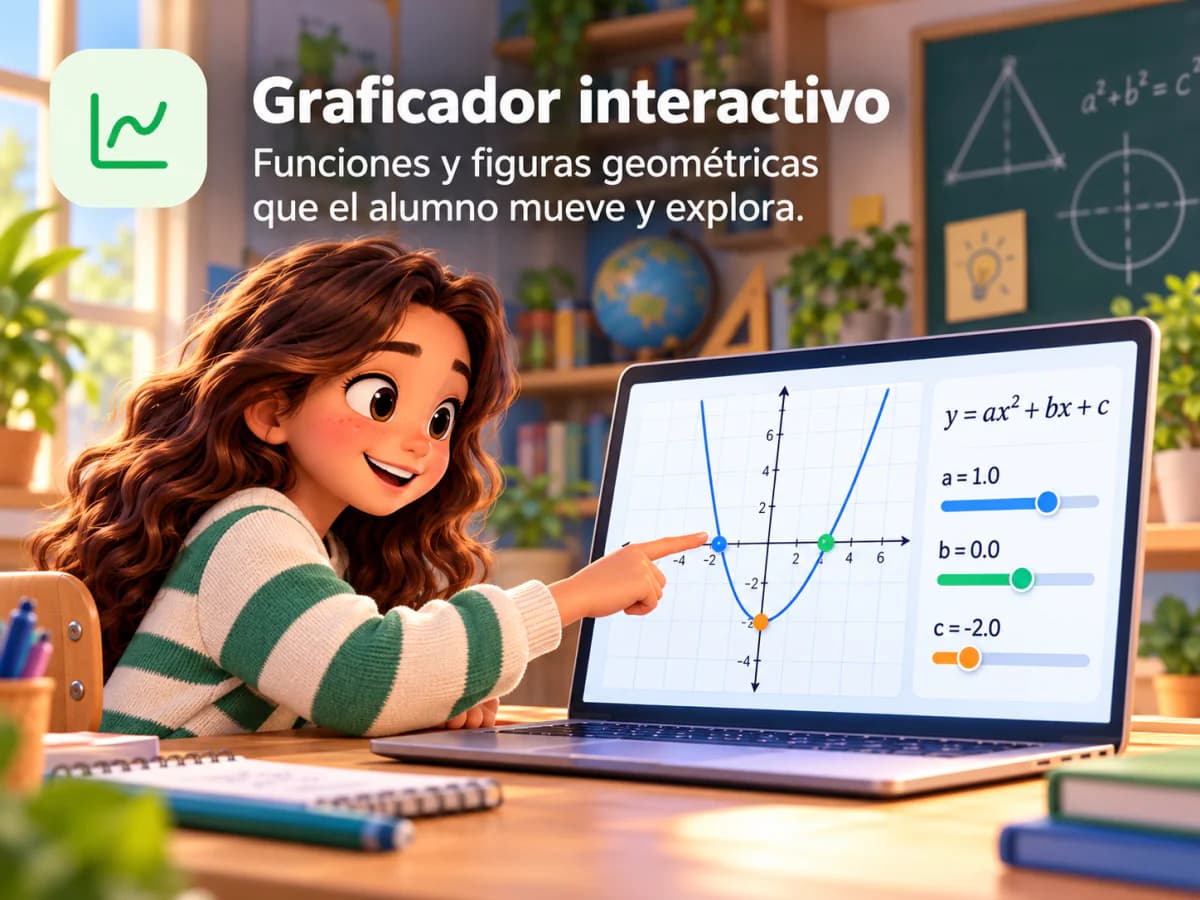 Una alumna señala en su laptop dónde una parábola corta el eje x mientras ajusta a, b y c en el graficador