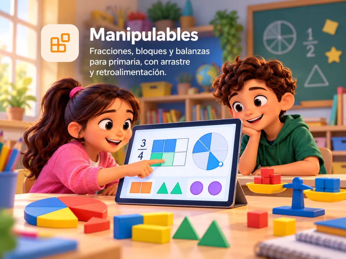 Dos alumnos de primaria arman fracciones con bloques en una tableta, junto a piezas de colores y una balanza