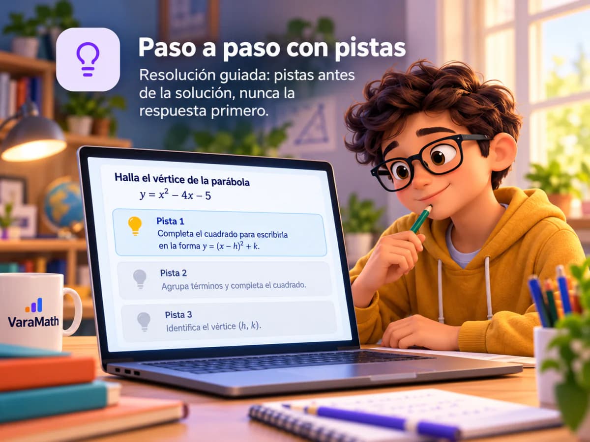 Un alumno busca el vértice de una parábola en su laptop con pistas que se abren una por una