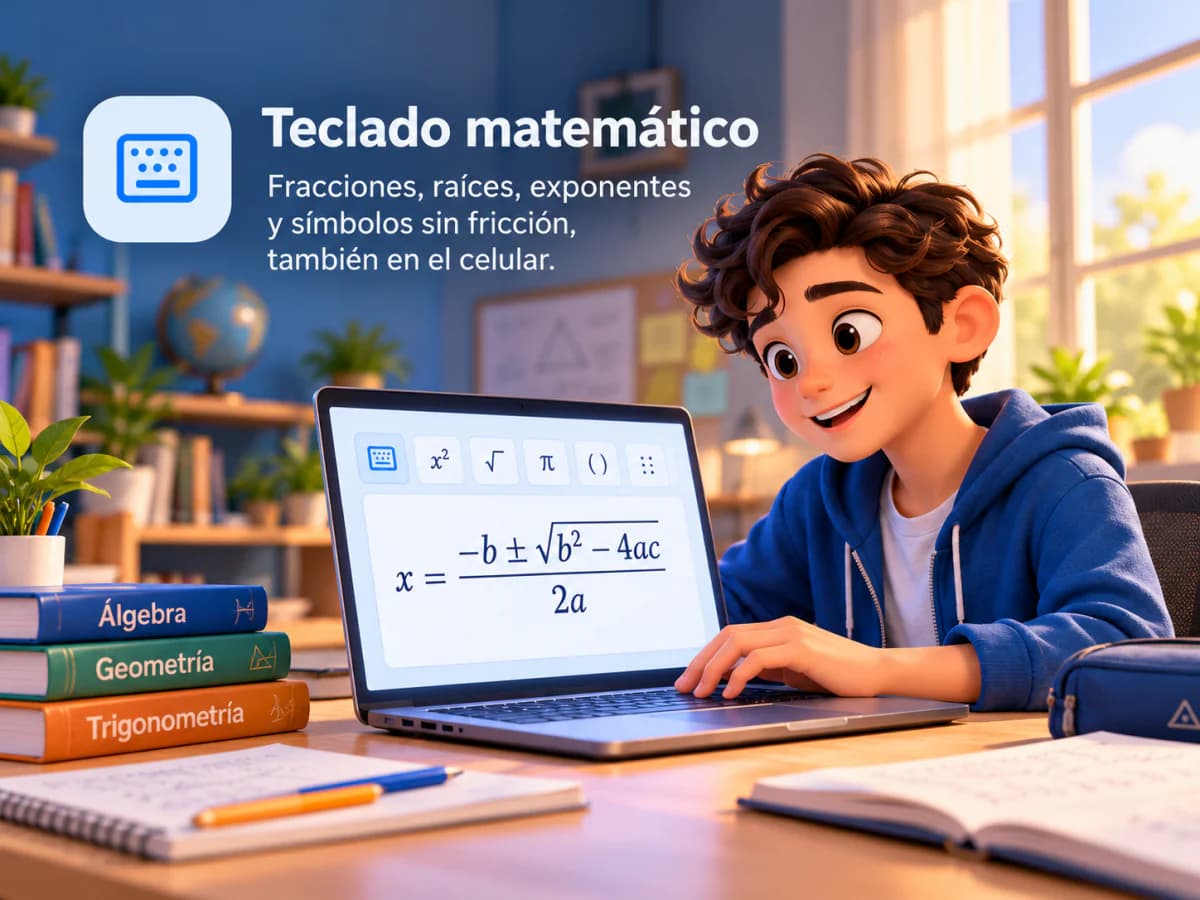 Un alumno escribe la fórmula general en su laptop con el teclado matemático de VaraMath