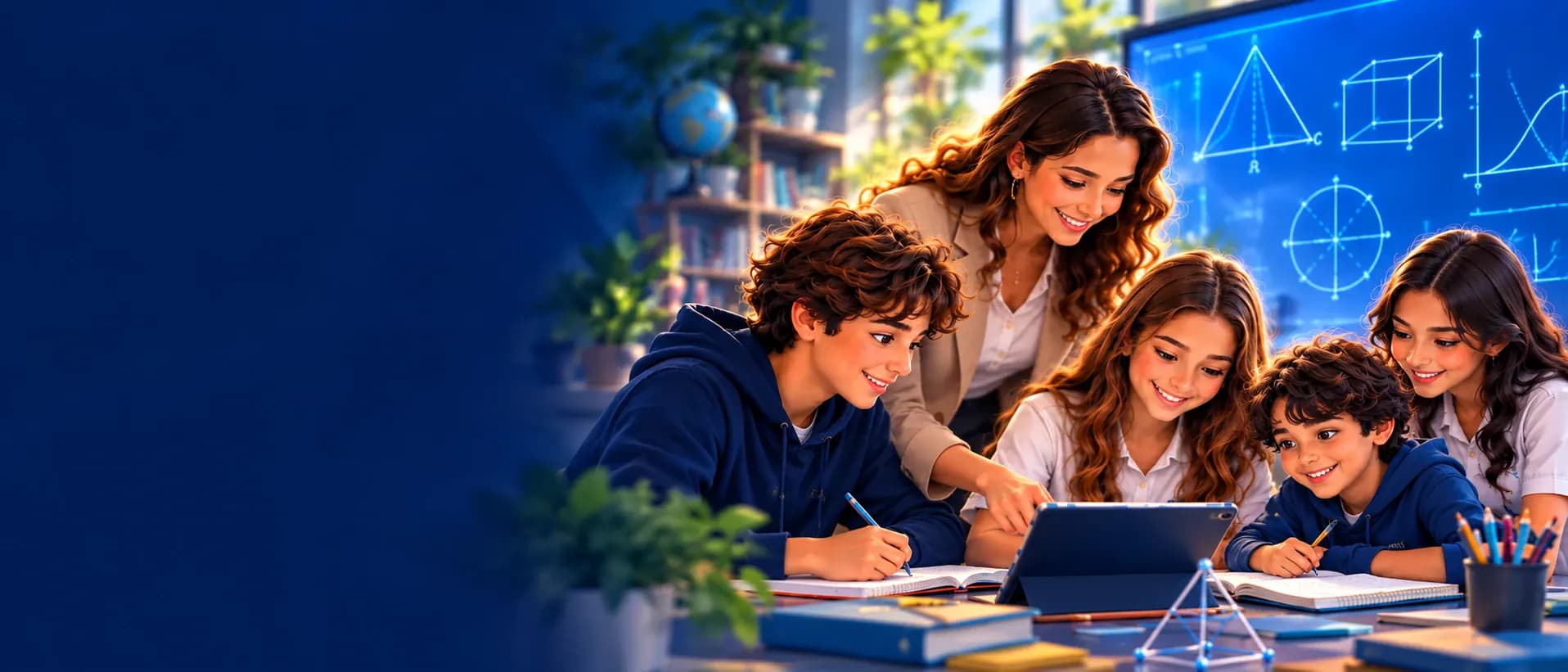 Una docente acompaña a cuatro alumnos que resuelven un reto con su tableta y sus cuadernos, frente a una pantalla con cuerpos geométricos