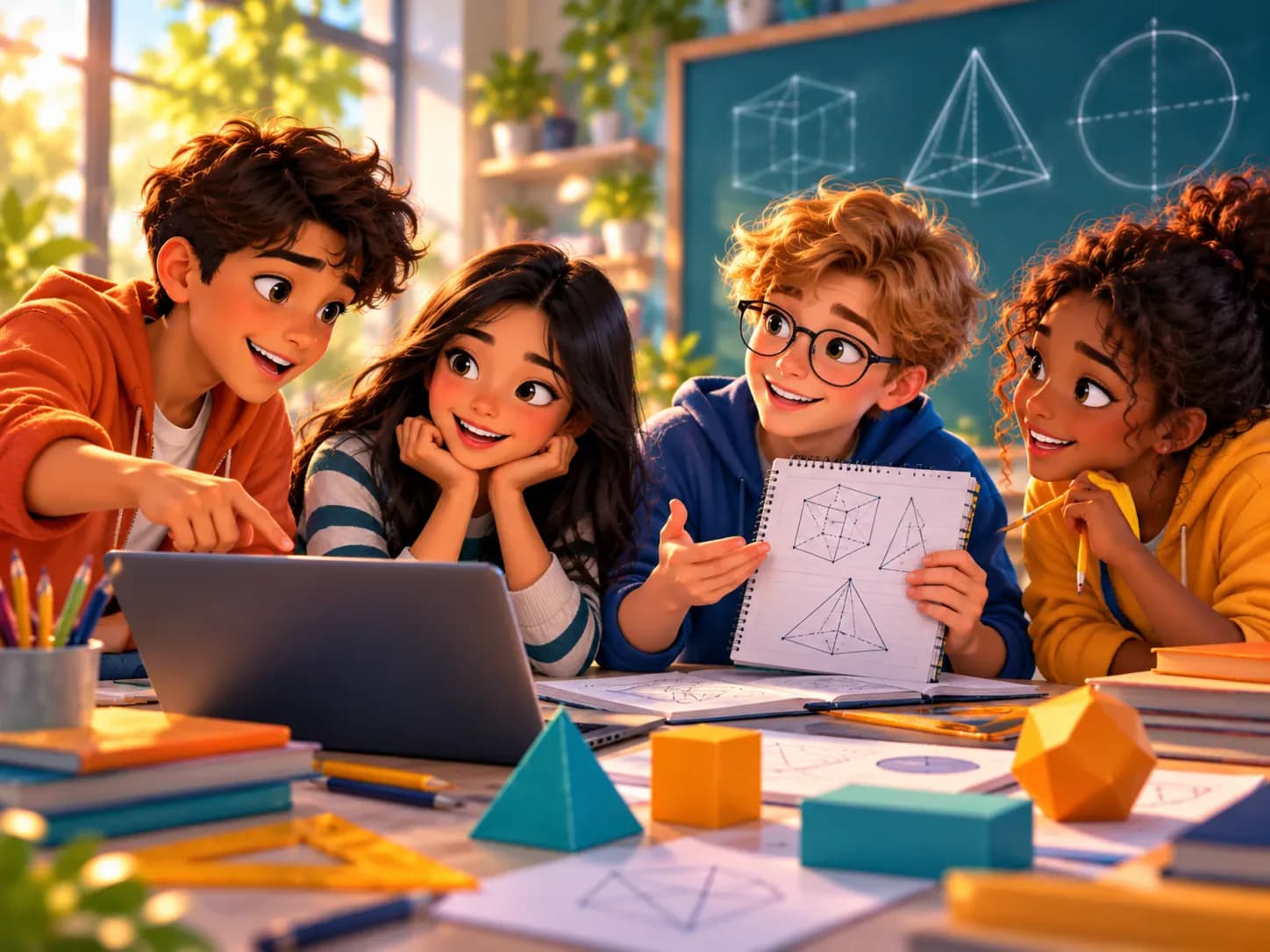 Un equipo comparte con entusiasmo los cuerpos geométricos que dibujó en su cuaderno