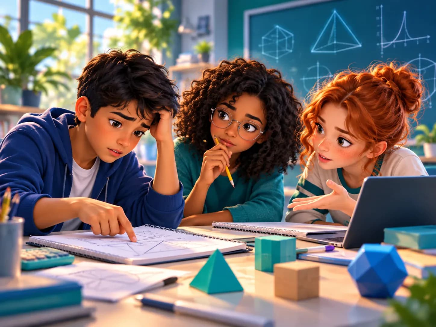 Tres alumnos se atoran con un problema de geometría en el cuaderno y discuten qué les falta para resolverlo