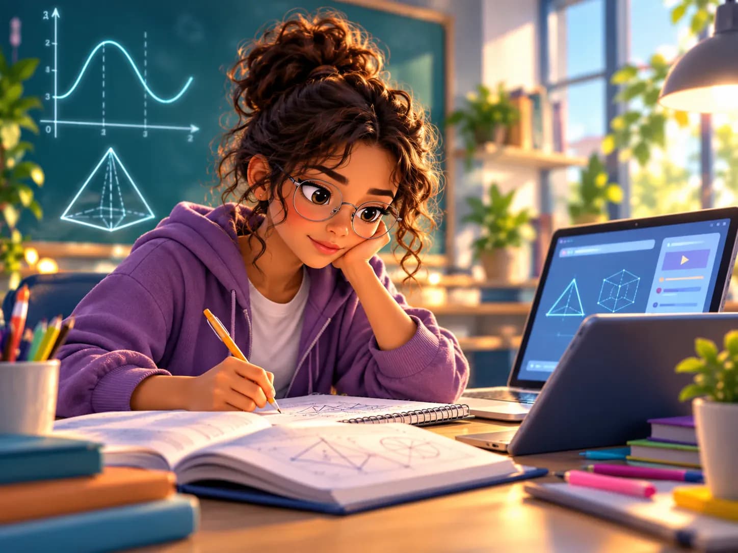 Una alumna estudia con su libro abierto y una lección de geometría en su laptop
