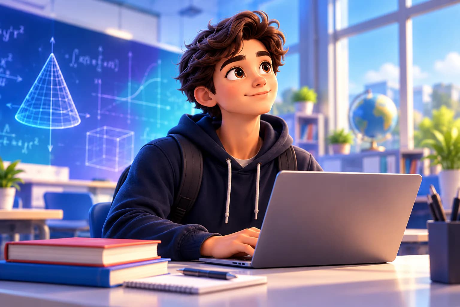 Un alumno de bachillerato trabaja en su laptop frente a un pizarrón con funciones y cuerpos geométricos