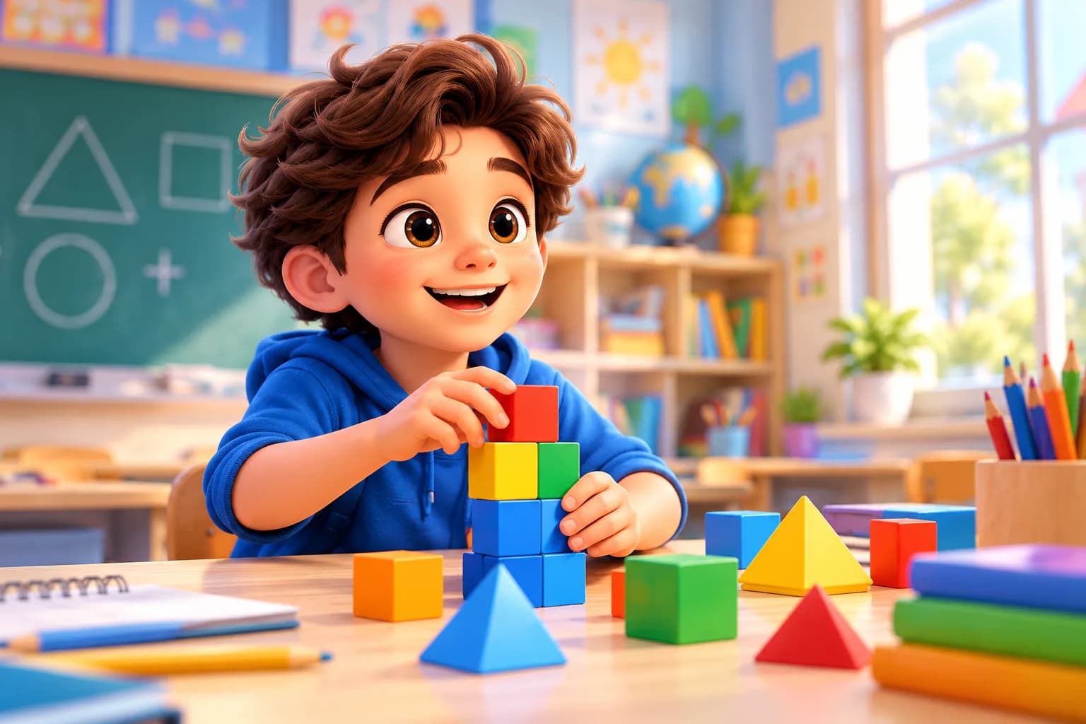 Un niño de primaria arma una torre con cubos de colores junto a figuras geométricas