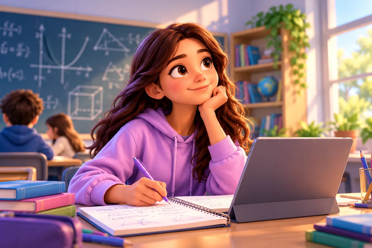 Una alumna de secundaria piensa un problema mientras escribe en su cuaderno junto a una tableta
