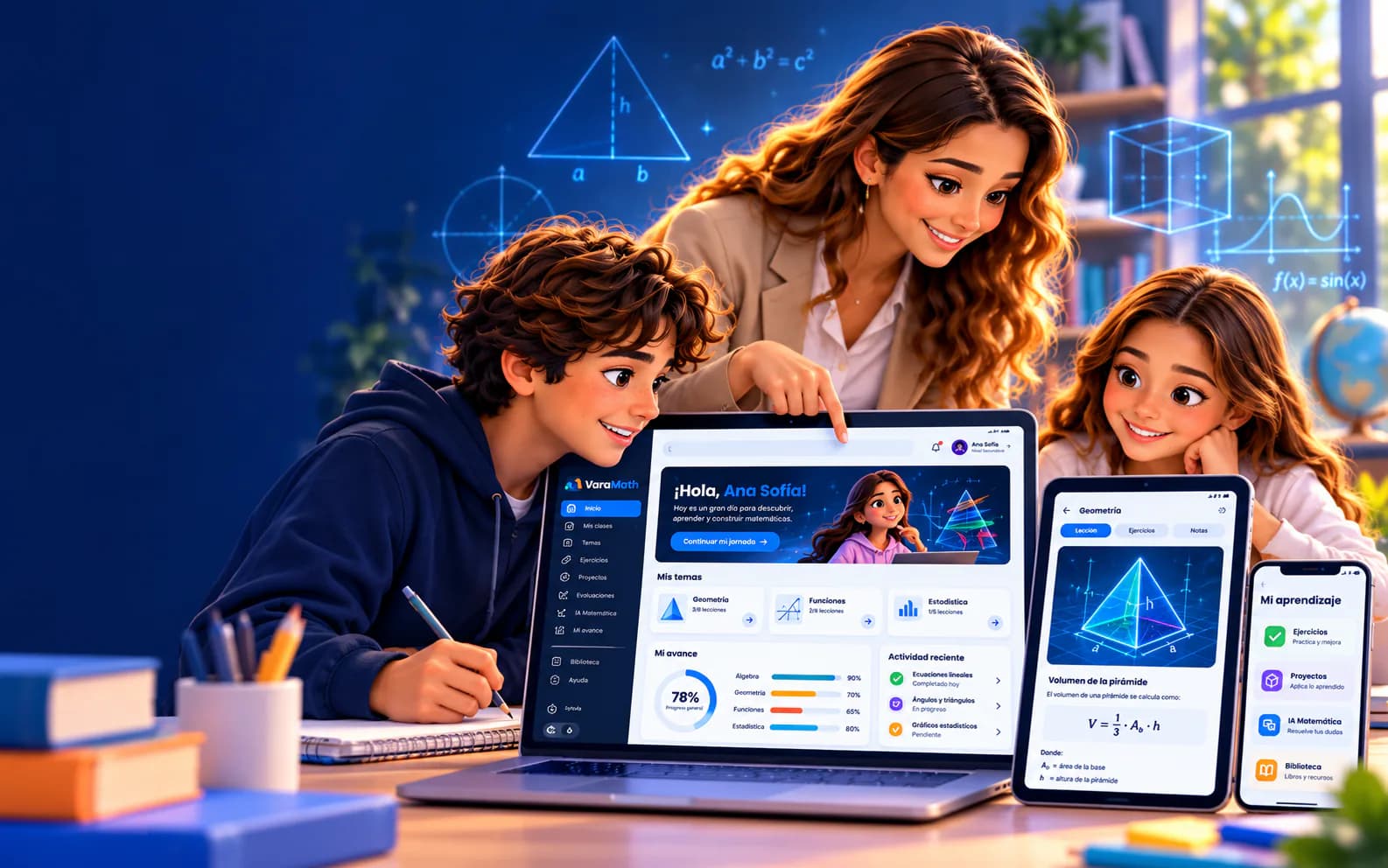 Una docente y dos alumnos miran VaraMath en una laptop, una tableta y un celular