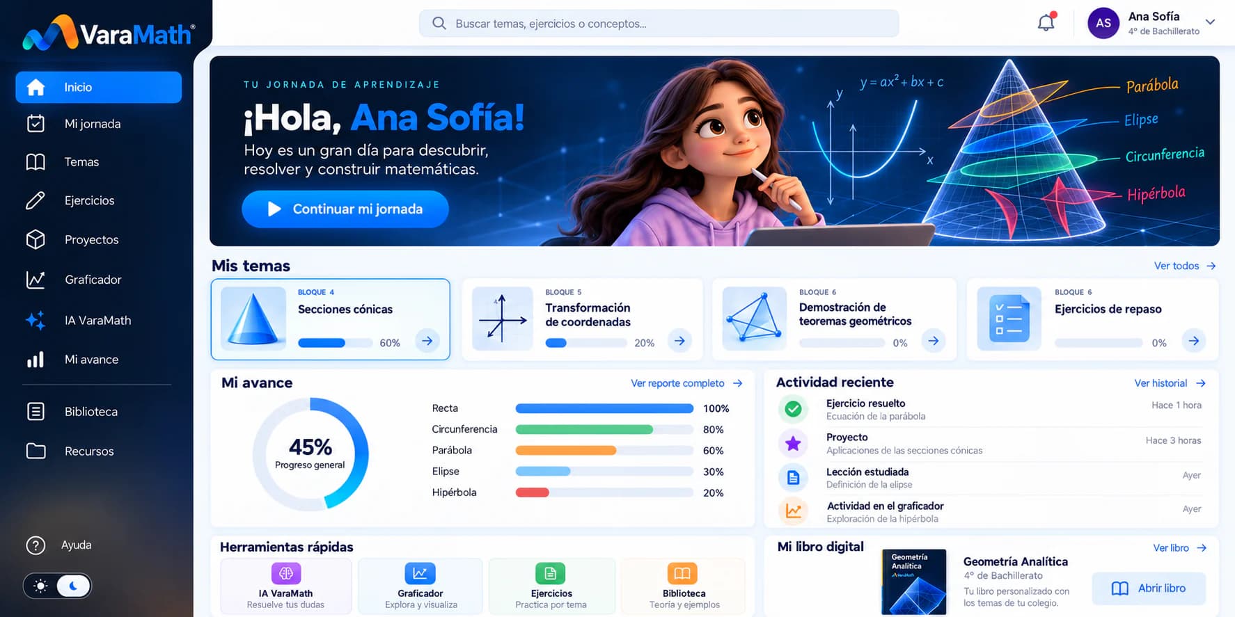 Pantalla de inicio de una alumna en VaraMath: su jornada del día, sus temas con avance, actividad reciente, herramientas rápidas y su libro digital