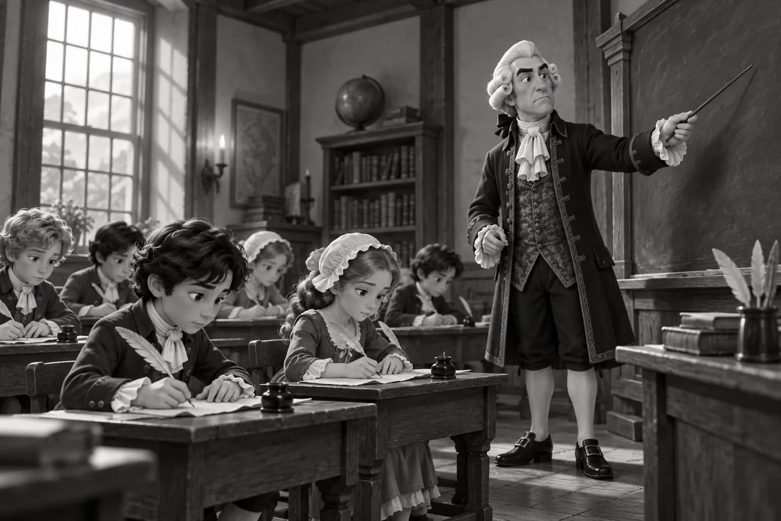 Un salón del siglo XVIII en blanco y negro: el maestro señala el pizarrón mientras los alumnos copian con pluma en sus pupitres