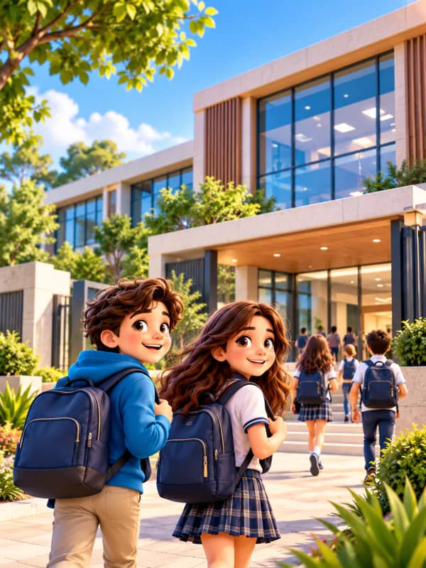 Dos alumnos con mochila llegan sonrientes a la entrada de un colegio moderno