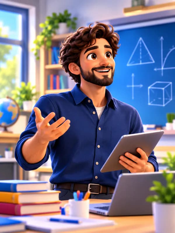 Un docente explica con una tableta frente al pizarrón con figuras geométricas