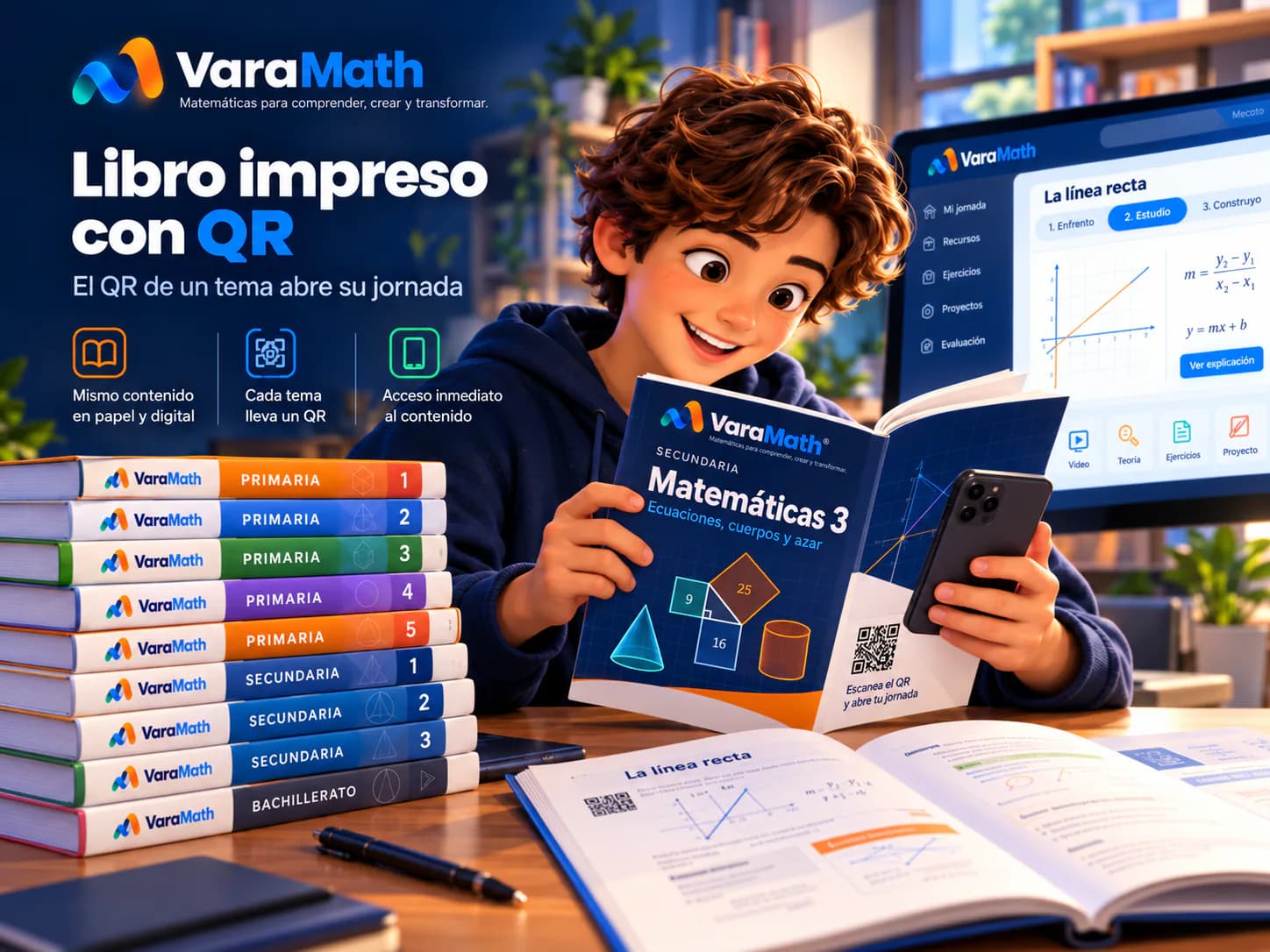 Un alumno escanea con su celular el QR de un tema en su libro VaraMath y la plataforma abre esa jornada